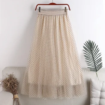 

2020 new autumn Women fashion polka dot print pleated asymmetrical Double-layer meshskirt ladies chic ruffles skirts