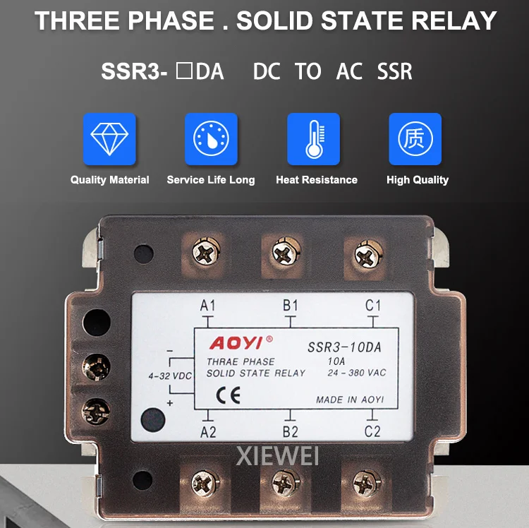 AOYI 3 Phase 10A 25A 40A DA  Three Phase SSR 4-32V DC Control 24-380V AC Solid State Relay SSR Three DC to AC (1)