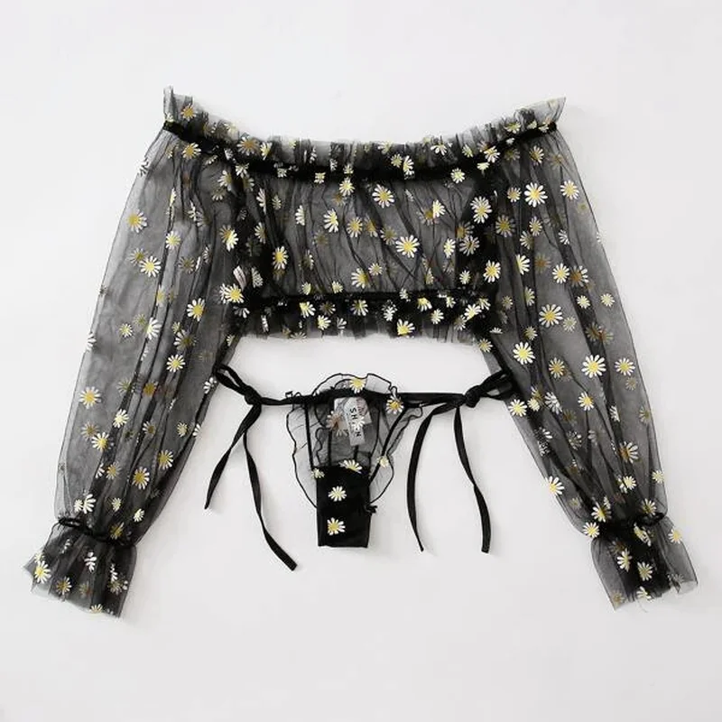 Соблазнительный черный топ-трусики с принтом нижнее белье длинным рукавом