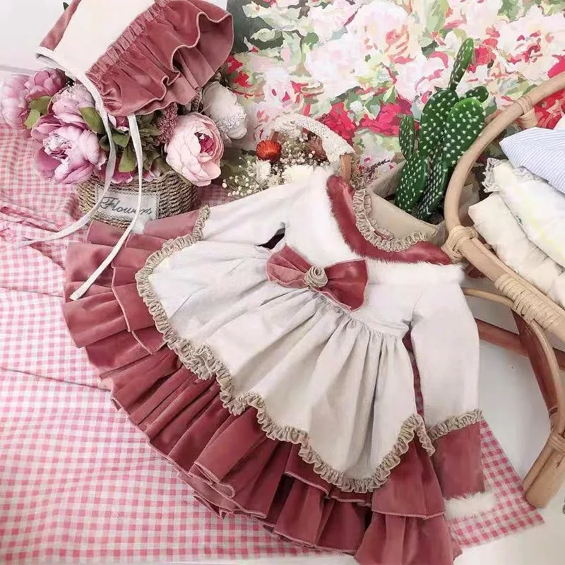 2PCS Baby Girl Winter Pink White Thicken Velvet Vintage Spanish Europe Pompom Ball Princess Dress Lolita Christmas Party | Детская