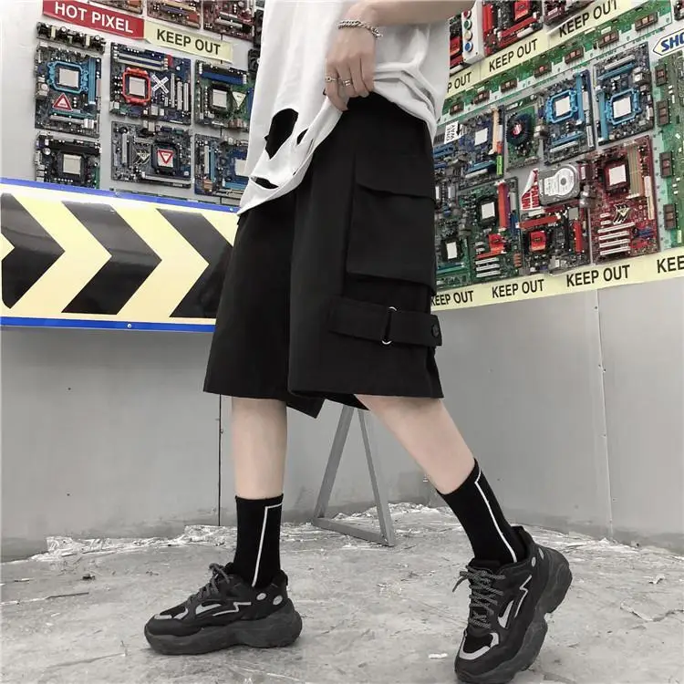 New Streetwear Men's Punk Shorts Casual Punk Hip Hop Cargo Shorts Men Pockets Bermuda Knee Length Harajuku Male Shorts