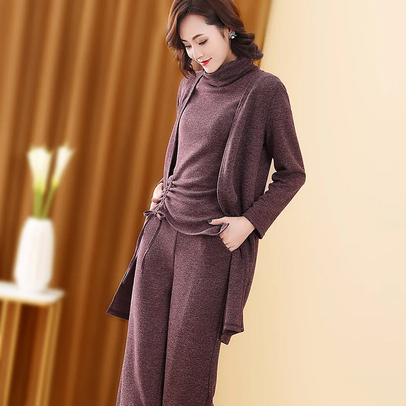 Gebreide 3 Stuks Set Vrouwen Trainingspak Lange Mouw Vest en Korte mouw Pullover Tops en Wijde Pijpen Broek Pak Vrouwen's Sets Gebreide 3 Stuks Set Vrouwen Trainingspak Lange Mouw Vest en Korte mouw Pullover Tops en Wijde Pijpen Broek Pak Vrouwen's Sets