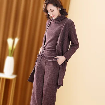 

Knitted 3 Pieces Set Women Tracksuit Long Sleeve Cardigan and Short sleeve Pullover Tops and Wide Leg Pants Suit Women's Sets