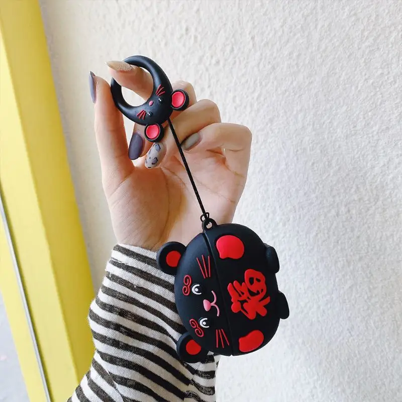 Silicone Earphone Case New Year Mouse Protective Cover Lanyard for Airpods Pro