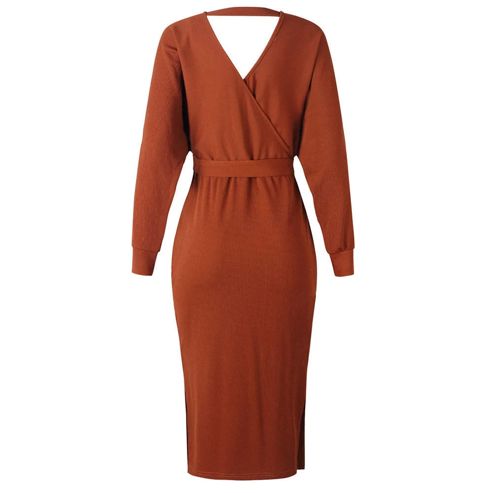 Casual Ladies Dresses Women Long-sleeved V-neck Belted Knitwear Vestidos Ropa Mujer Autumn Sexy Midi Dress Long Knitted Sweaters