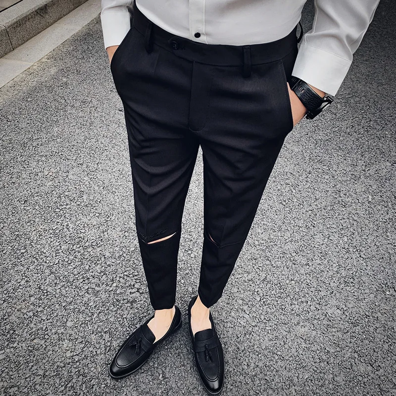 black Нежные мужские повседневные брендовые Новые Брюки мужские модные однотонные брюки с дырками костюм брюки Горячая Распродажа облегающие брюки мужская одежда - Цвет: black
