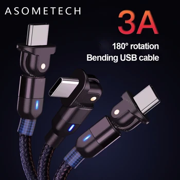 

180° Rotation 3A Fast Charging USB Cable Micro USB Type C Phone Charger Cord Nylon Braided Data Cable for iPhone Samsung Xiaomi