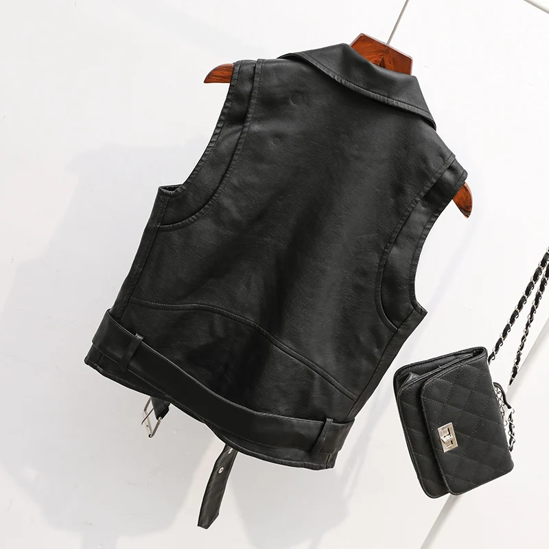 Plus Size Spring Autumn Black Leather Vest Jacket Women New Large-Size Leather Coat Female Short Sleeveless Vest Pu Jackets Coat