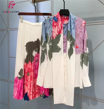 

New Summer 2 pieces Sets Women 2020 High Fashion Runway Sets Summer Print Blouse and Pleated Skirt Set