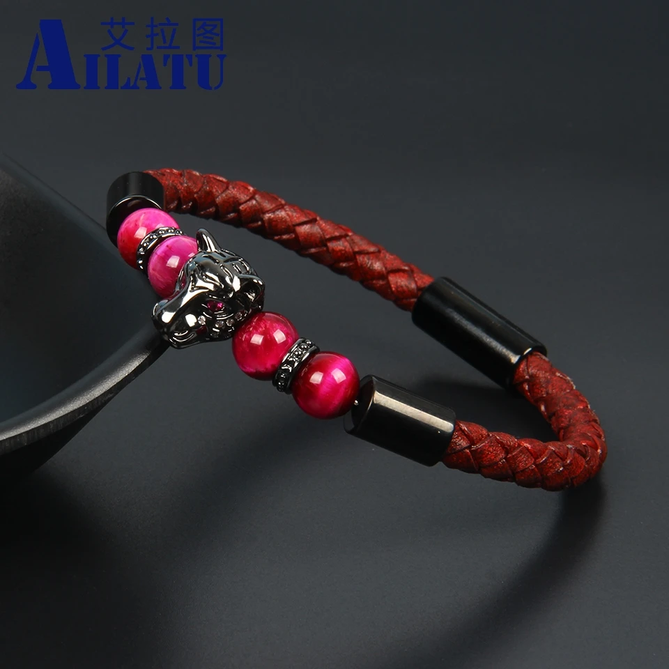 Ailatu New Pink Cz Eye Panther Bracelets Stainless Steel Clasp Red Cowhide Leather Leopard Bracelet Top Quality
