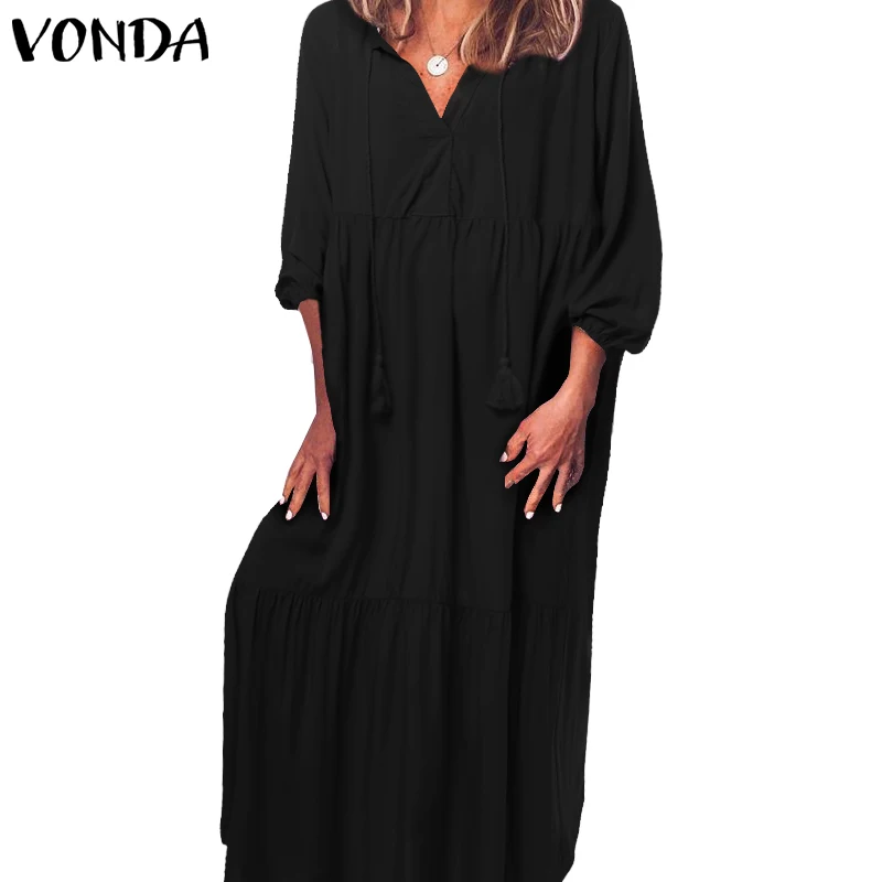 VONDA, женское летнее платье,, длинный рукав, v-образный вырез, вечернее платье, повседневное, свободное, плиссированное, макси, длинное, сарафан размера плюс, женское платье - Цвет: Черный