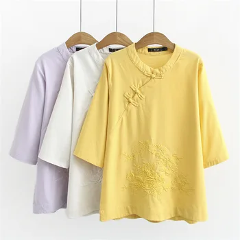 

Plus Fat Increase Code Embroidery Ethnic Group Wind Small Shirt Fat Mm202020 Hem Wave Edge Middle Sleeve Top 206