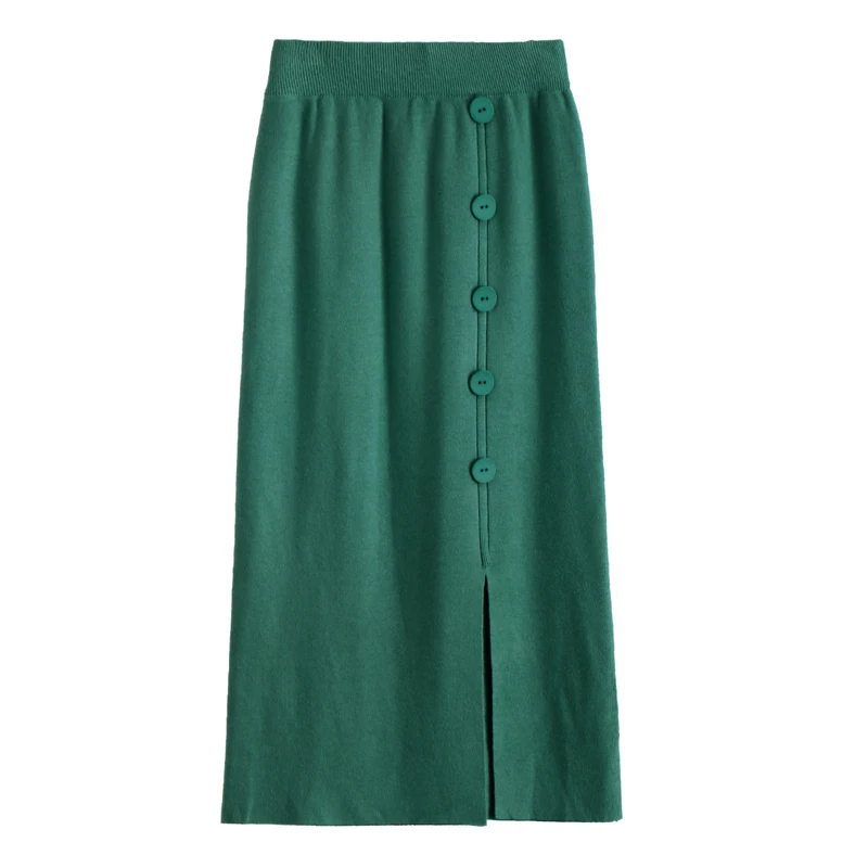 Knitting Cotton Women Korean Skirt Straight Button Knit Women Long Skirt High Waist Winter Skirt