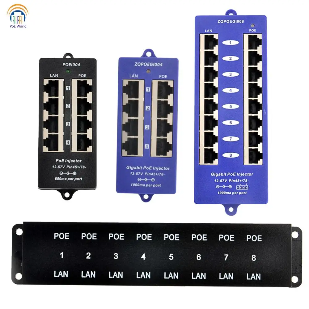 POE Injector Patch Panel POE World IEEE802.3af/at Standard Passive Active POE Injector ModeA/B Gigabit Data Speed Up to 8 RJ-45 Lan Port