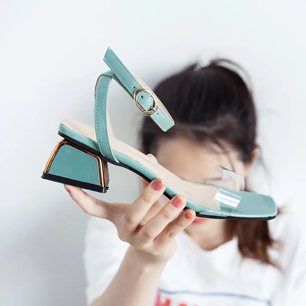 

Hot Sale Fashion Ladies Transparent Thick With Open Toe Word Belt Sandals Buckle Wild Heel Shoes Sandalias De Verano Para Mujer