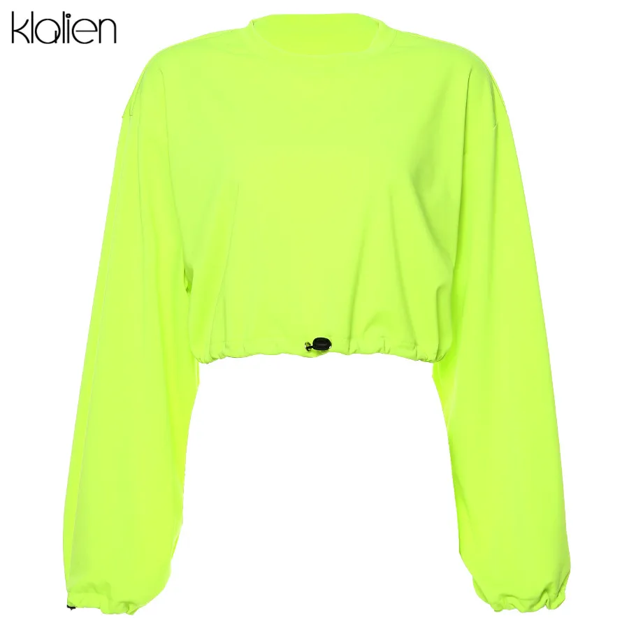 KLALIEN neon green с круглым вырезом и длинным рукавом, укороченный топ с завязками, толстовки осень-зима, новые уличные однотонные Свободные толстовки