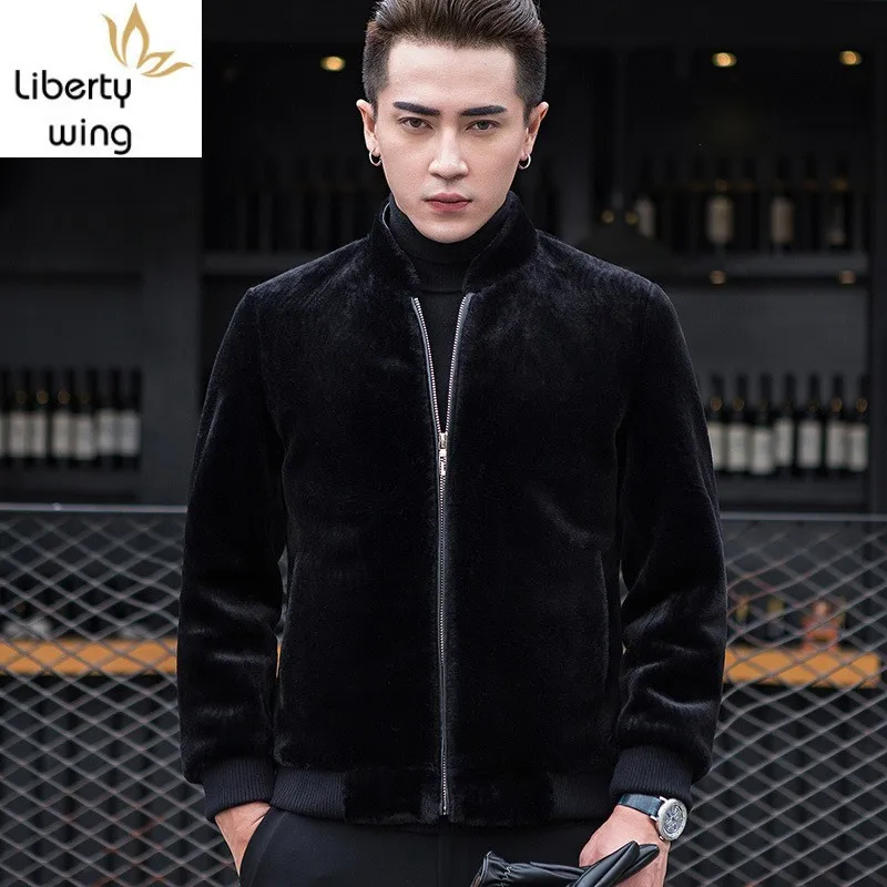 

New Winter Stand Collar Faux Leather Jacket Mens Autumn Thicken Warm Fur Coat Men Slim Fit Wool Clothes Zipper Black Fashion