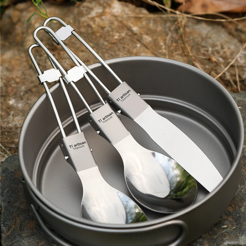 Tiartisan Titanium Folded handle knife Camping Cutlery Portable Picnic Tableware Traveling knife spoon fork set