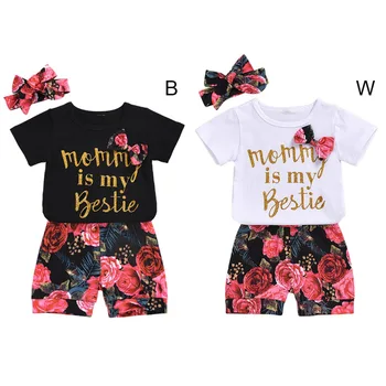 

2020 Baby Boy Girl Summer Clothes 3Pcs Suit Children Fashion Short Sleeve T-Shirt Floral Shorts With Headband Sets