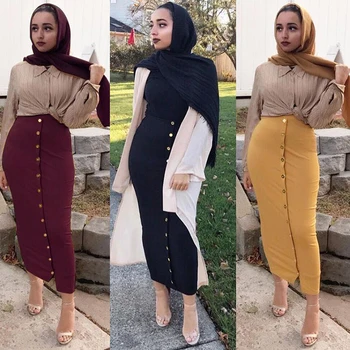 

High Waist Button Maxi Skirt Plus Size Abaya Bottoms Women Long Turkish Yellow Hip Muslim Skirts Islamic Clothing