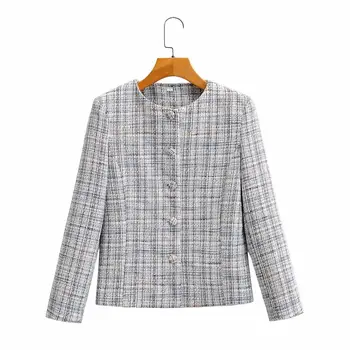 

2020 women's new temperament round neck short plaid short jacket small coat Q3-35212