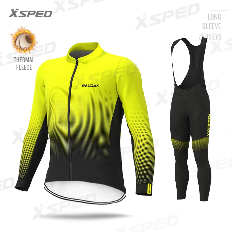 Bib Cycling Set Мужская одежда для велоспорта, комплект из Джерси с длинным рукавом, зимняя куртка из теплого флиса для горного велосипеда, командная форма, теплый костюм флуоресцентного желтого цвета - Цвет: Bib Cycling Set
