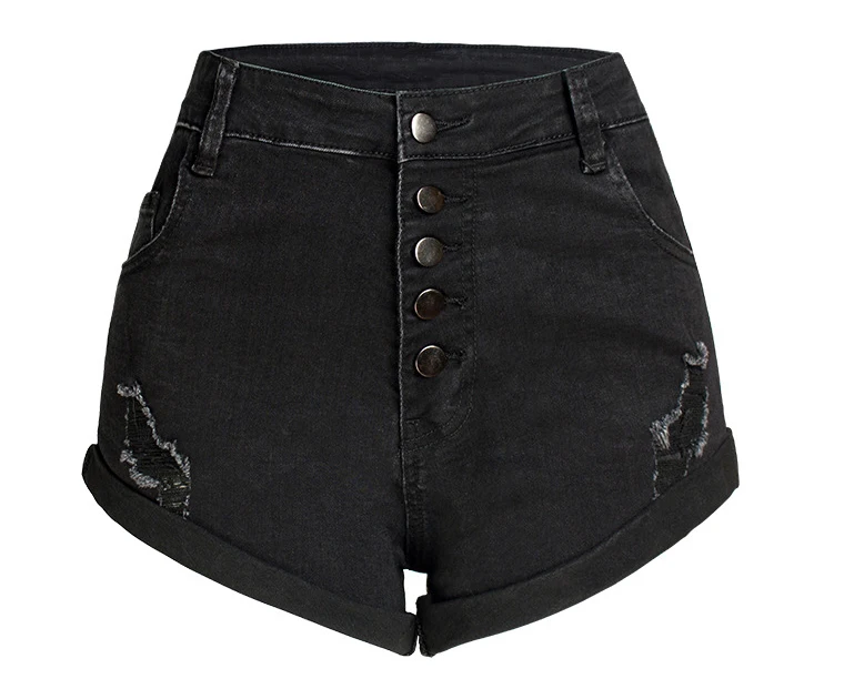 Womens Summer Black Elastic Denim Shorts Trendy Curling Single Breasted High Waist Jeans Female Wild Fasion Mini Shorts D495