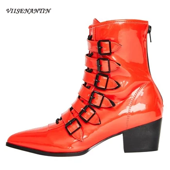 

Orange Pointed Toe Ankle Autumn Thick Heel Patent Leather Short Combat Boots Belt Buckle Fashion Black Designer Shoes for Women