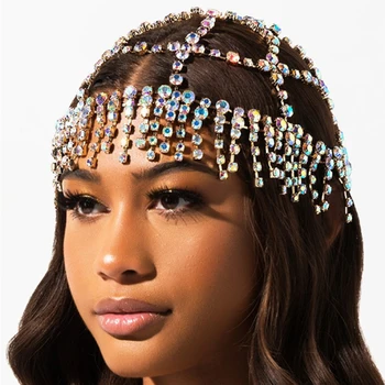 

Bling AB Rhinestone Tassel Headdress for Women Luxury Forehead Headpiece Handmade Hat Crystal Headbands Wedding Hair Accessories
