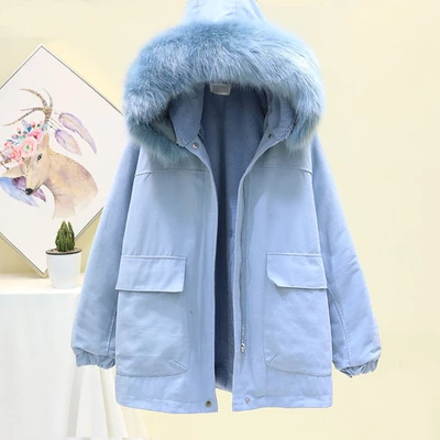blue Зимняя парка с большим меховым воротником и капюшоном, подкладка из овечьей шерсти, длинная куртка, пальто для женщин, плотная теплая куртка с хлопковой подкладкой, верхняя одежда для женщин - Цвет: blue