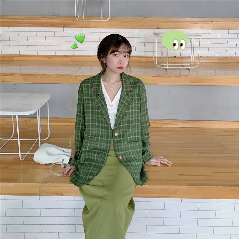 HziriP Green Plaid All Match Casual Women New Loose Chic Fresh Streetwear Fashion Elegant Office Lady Full-Sleeved Blazers