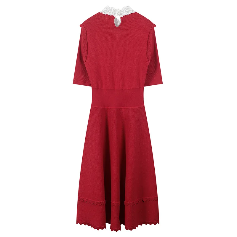 Tunjuefs Slim Fit выдалбливают Поддельные кружева вязаное платье для женщин Vestido оборками элегантные жемчужные кнопки пуловеры с сетчатой вставкой сзади платье с разрезом