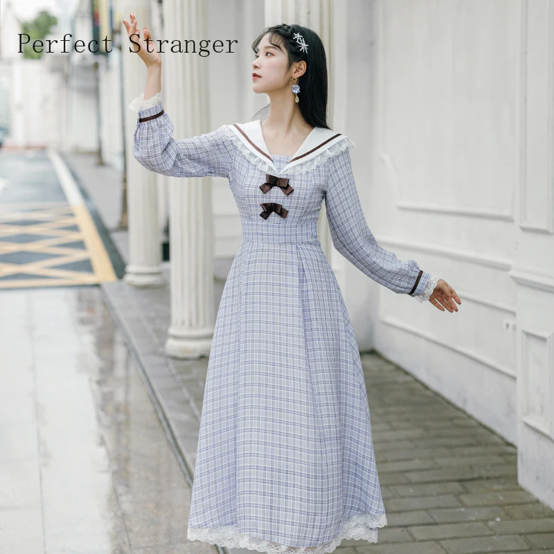 2020 Autumn Winter New Arrival Hot Sale Turn Down Collar Long Sleeve Plaid Women Long Dress