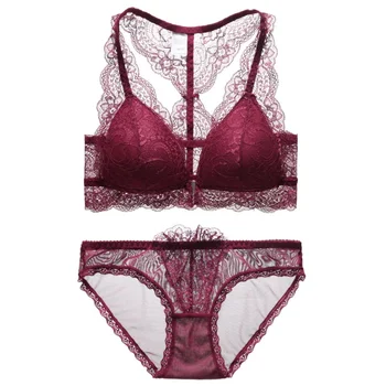 

Drop Shipping Bra Set Thin Lace Beauty Back Front Without Triangle French Triangle Cup Bra + Low Waist Briefs Two Piece Set