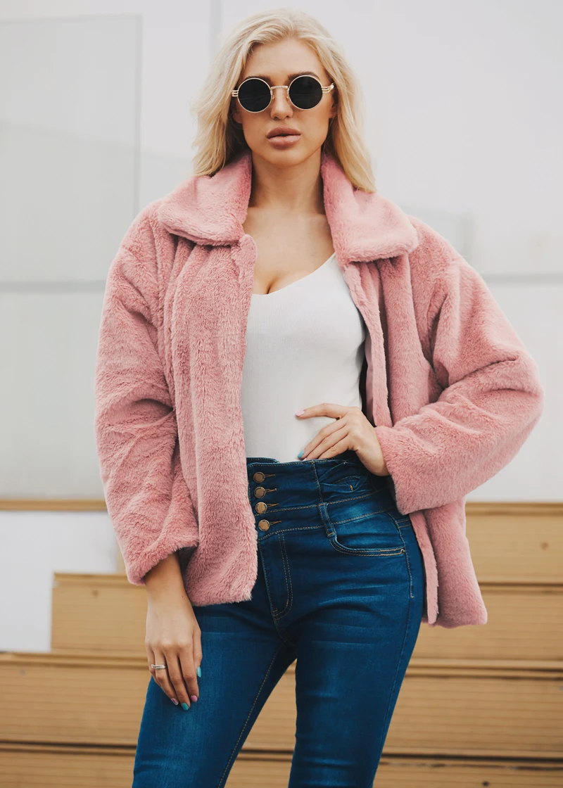 skin pink Зимняя Дамская Шуба, женский воротник с лацканами, модная куртка из искусственного меха, розовая уличная плюшевая куртка, осенние элегантные вечерние пальто - Цвет: skin pink