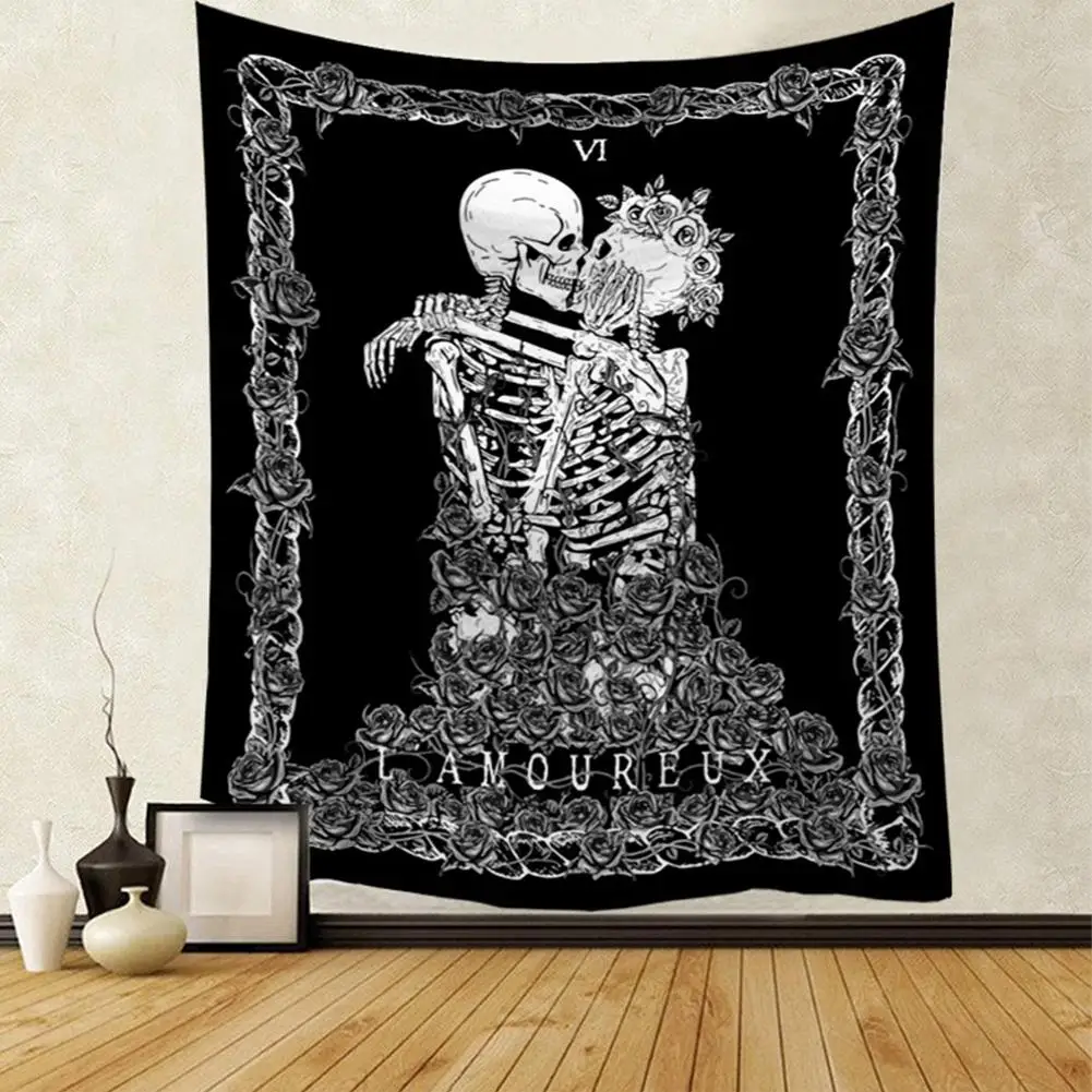 Seven Stars Skull Tapestry Kissing Lovers Tapestry Black Tarot Tapestry Skeleton Tapestry Beach Towel 130x150CM