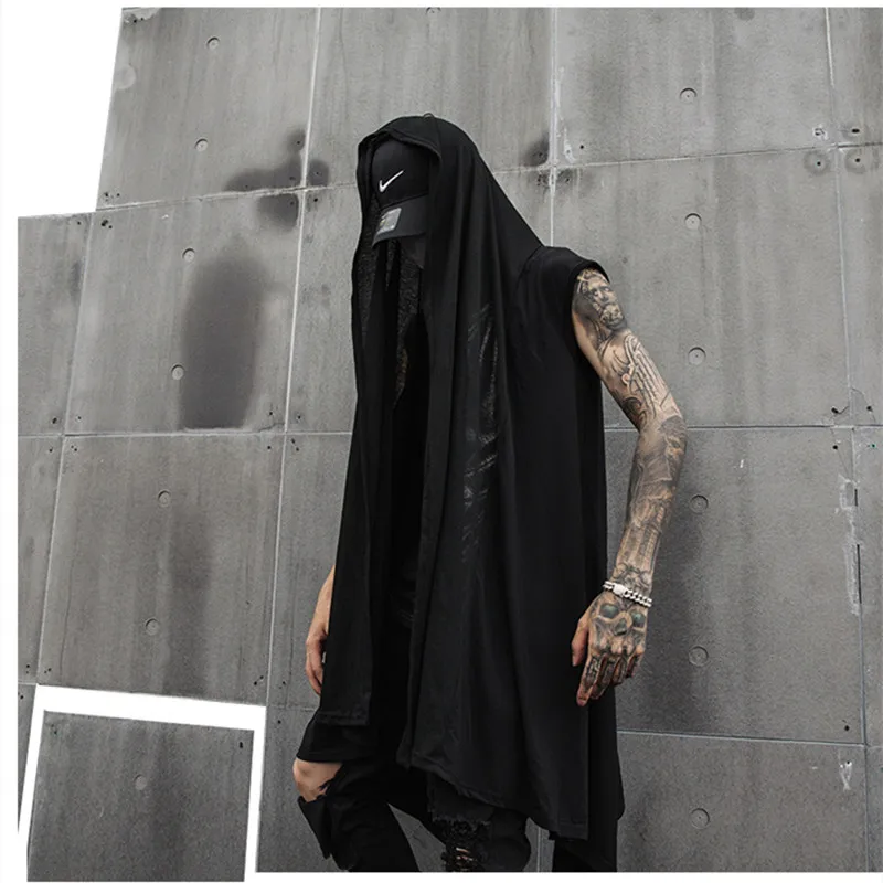 나이트 클럽 남자 힙합 펑크 긴 조끼 리넨 민소매 셔츠 케이프 남자 고딕 streetwear 조끼 가수 무대 카디건 의상
