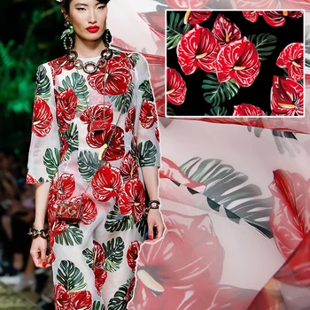 

2020 new spring and summer black and white tropical plant red goose palm flamingo flower organza digital printing fabric
