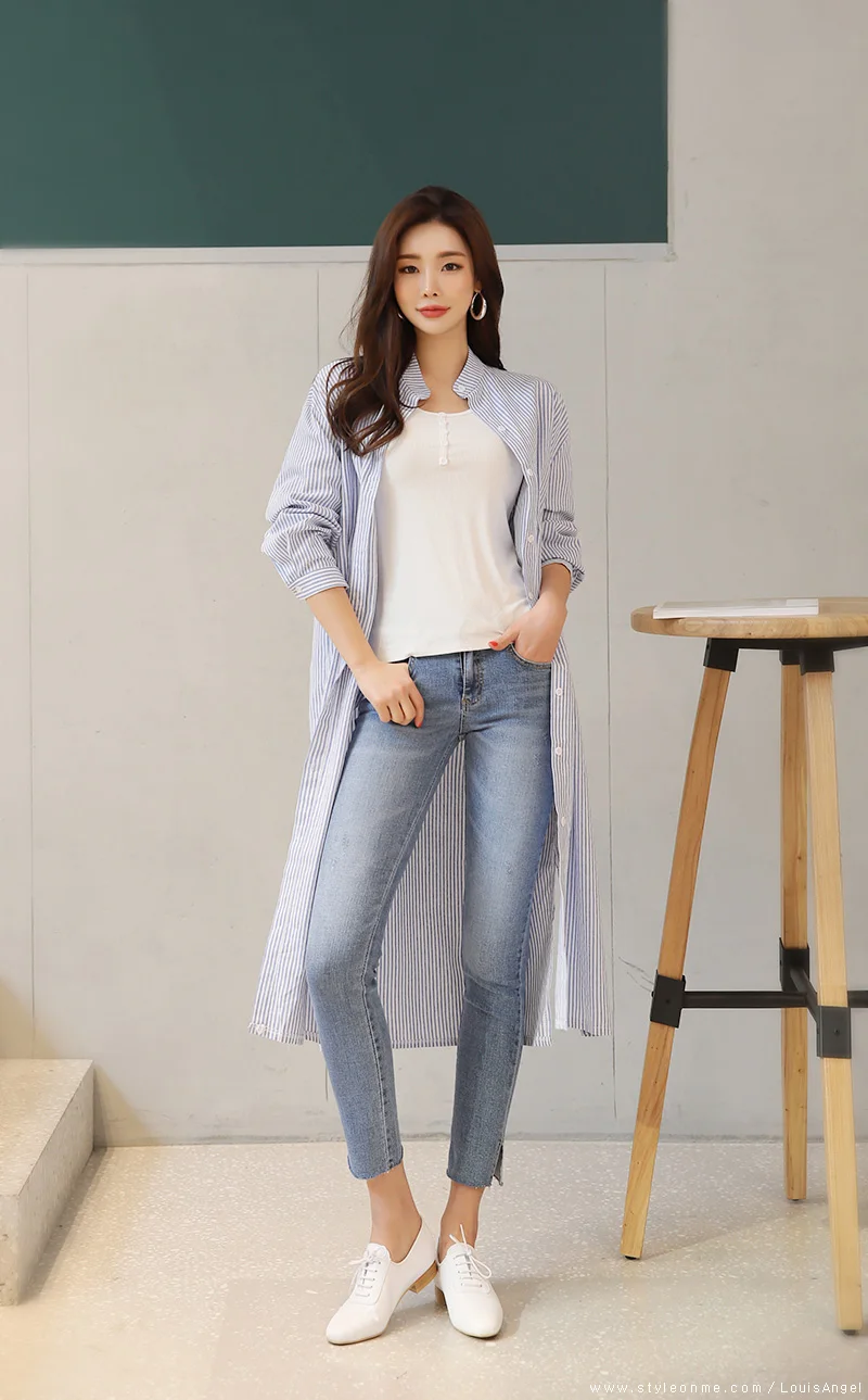 Blusas mujer de moda шифоновая блуза с длинным рукавом в синюю полоску Повседневная Длинная блуза Женские топы женские топы и блузки C353
