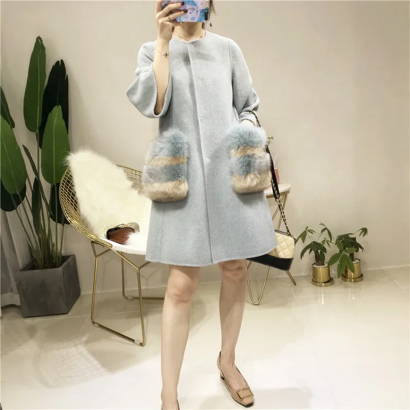 

Korean Style 100% Wool Coat Women Natural Fox Fur Pocket Autumn Winter Female Jacket Long Woolen Overcoat