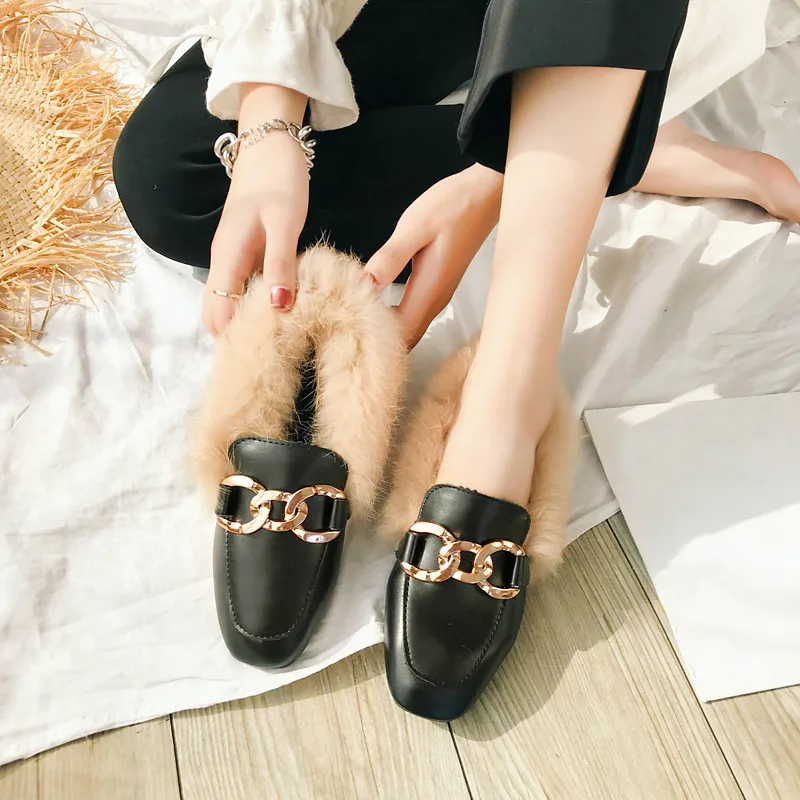 Удобные на зеркально блестящих Для женщин мюли обувь квадратный носок пушистый