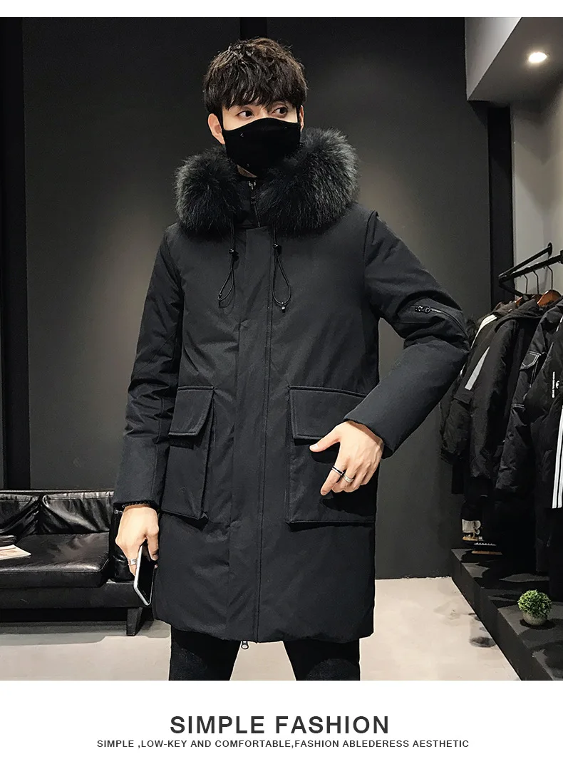 Пуховик Для Мужчин's средней длины Slim Fit большой меховой воротник плотное пальто молодежная мода теплые сапоги выше колена, верхняя одежда