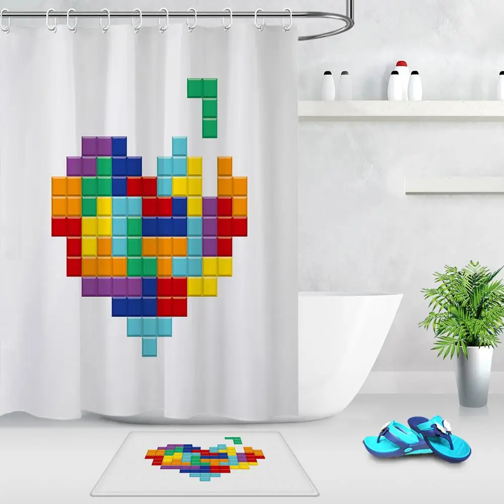 Curtain and Mat Высококачественная моющаяся занавеска для ванной с рисунком сердца из мультфильма, занавеска для душа из полиэстера, экраны для ванной, украшение для дома - Цвет: Curtain and Mat