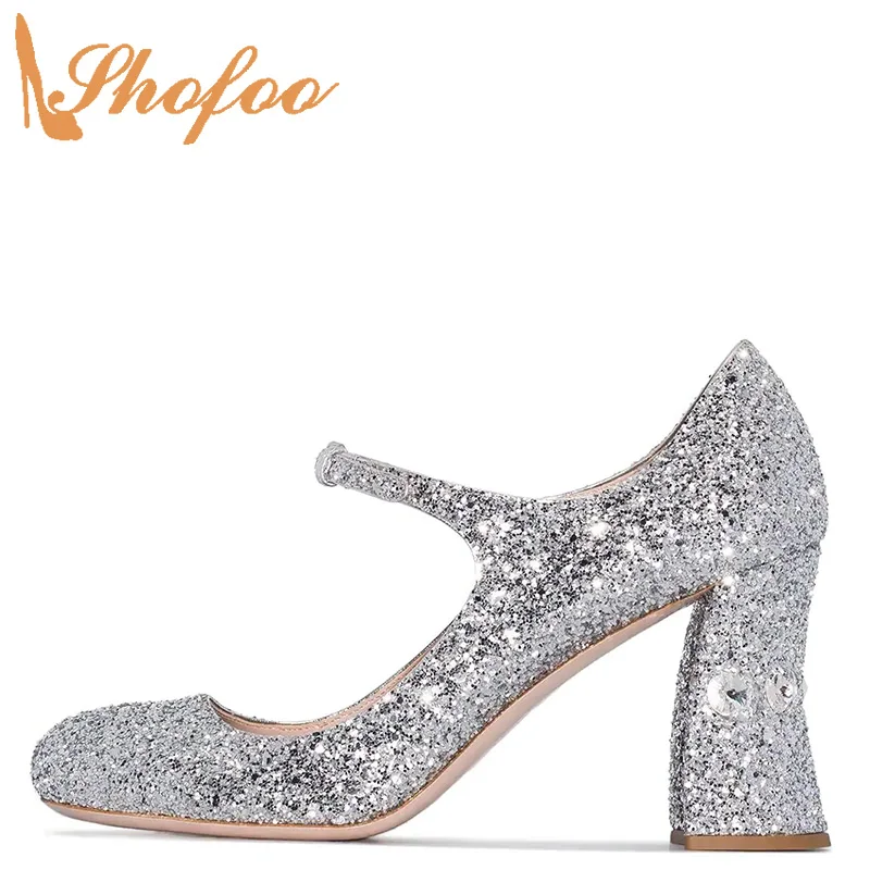 

Silver Sequined Cloth Crystal High Square Heels Round Toe Mary Jane Pumps Woman Fashion Party Lady Shoes Large Size 12 16 Shofoo