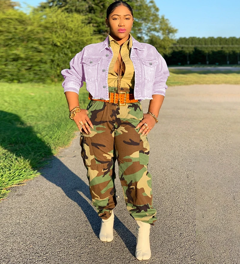 

Women's Lapel Denim Jacket Sexy Purple Long Sleeve Casual Cropped Jean Outwear 2021 Autumn Safari Coat Streetwear