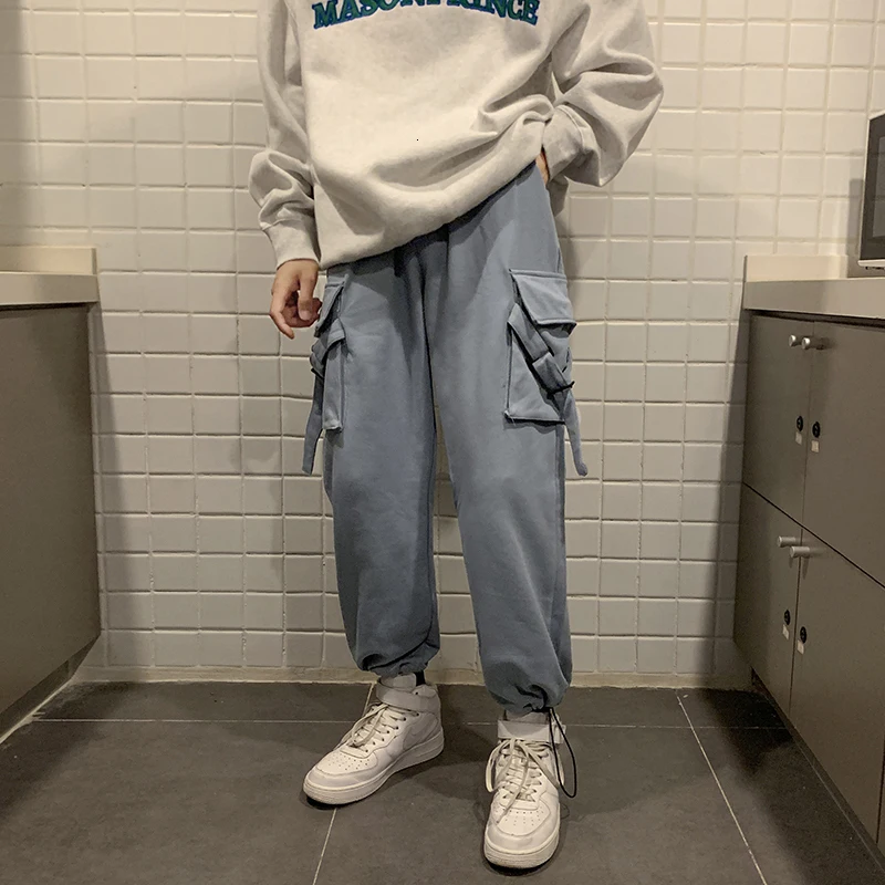 blue Зимние новые плотные штаны мужские модные комбинезоны с большими карманами Мужская Уличная одежда свободные рабочие брюки в стиле хип-хоп спортивные штаны - Цвет: blue