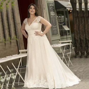 

Vintage Wedding Dress 2020 Cap Sleeve V Neck Lace A Line Wedding Gown Beading Belt Tulle Plus Size Boho Bridal Dresses
