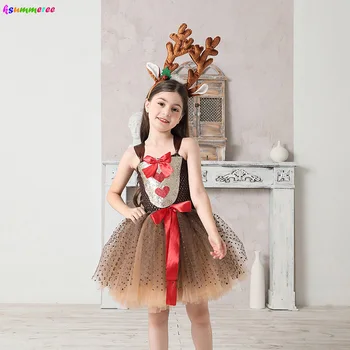 

Festive Reindeer Rudolph Fancy Tutu Dress with Headband Girls Christmas Pageant Party Animal Costume Kids Xmas Reindeer Clothes