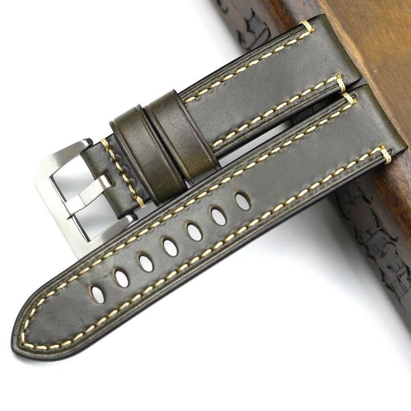 green sliver clasp PSTARY Holwin Horween chrompel масло воск кожаный ремешок 20 мм 22 мм 24 мм мужской ремешок для часов в стиле милитари - Цвет ремешка: green sliver clasp