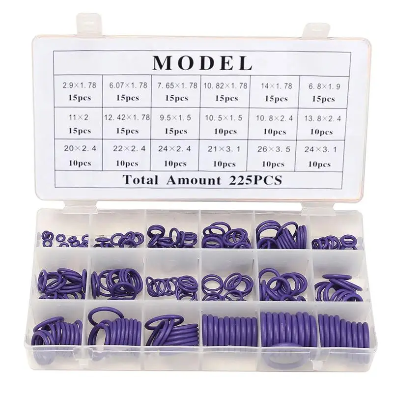 R22 R134a225Pcs O Ring Gaskets Car A/C System Air Conditioning O Ring Seals Washer Kit Tool HNBR Rubber Purple Standard Parts